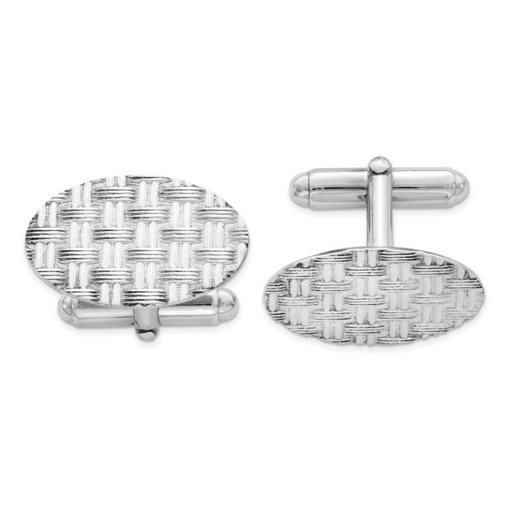Rhodium Plated Sterling Silver Basketweave Oval Cuff Links, 24 x 14mm